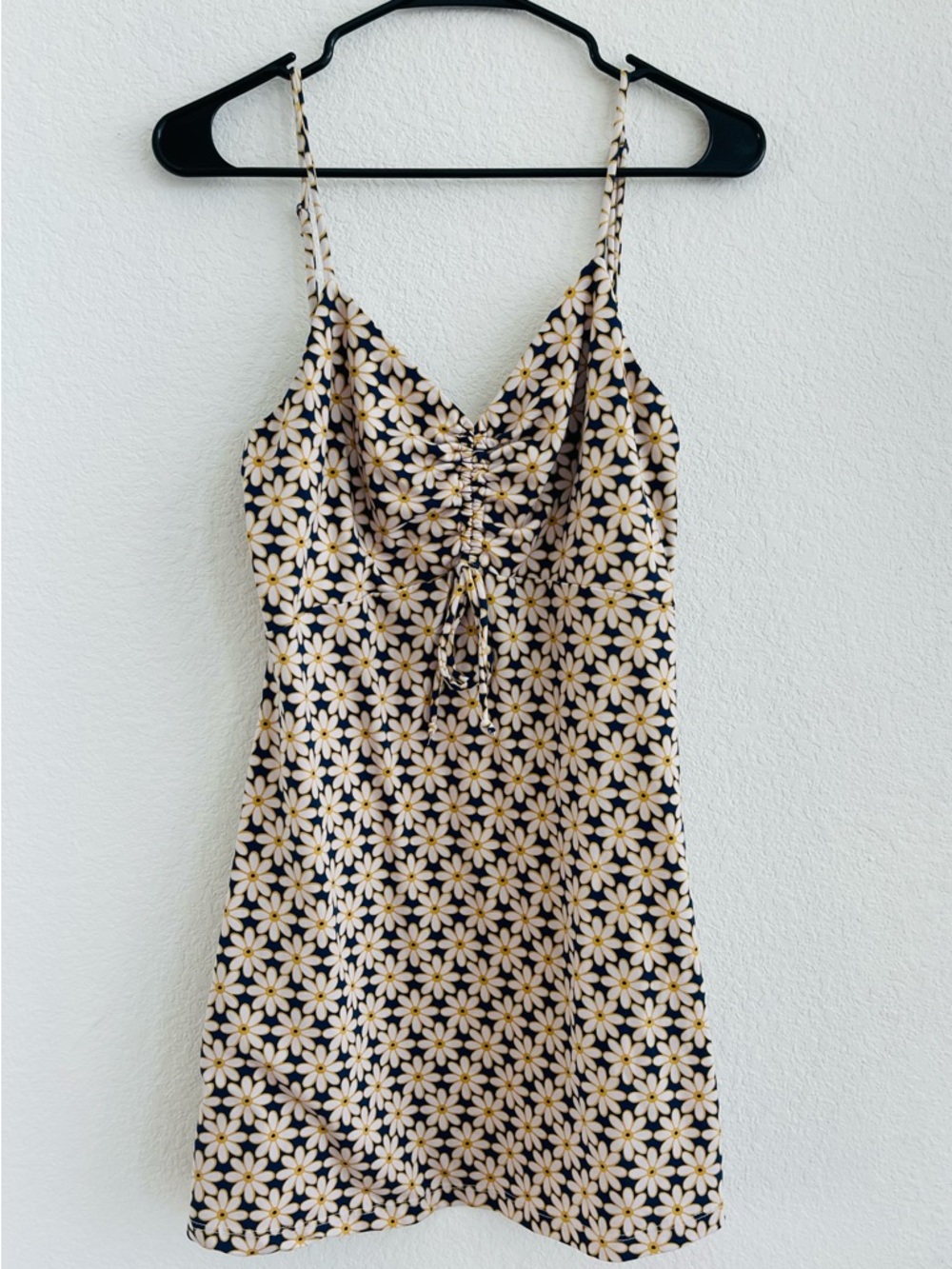 Altar'd State Blue & White Daisy Ruched Spaghetti Strap Mini Dress.